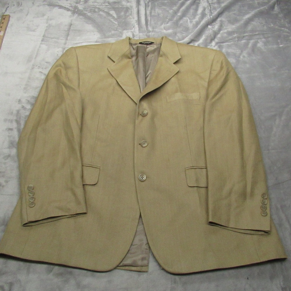 Chaps Silk Blazer Men 42S Beige Herringbone Jacket Silk Casual Sport Coat Formal